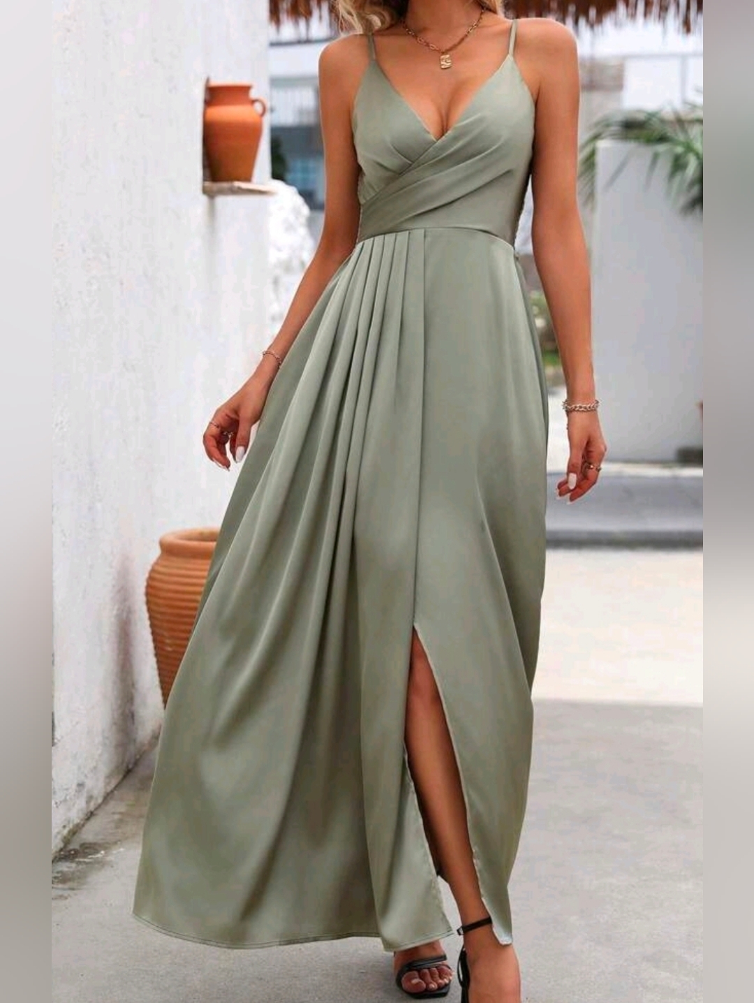New Flowy Satin Wrap Top Split Cami Maxi Dress Green